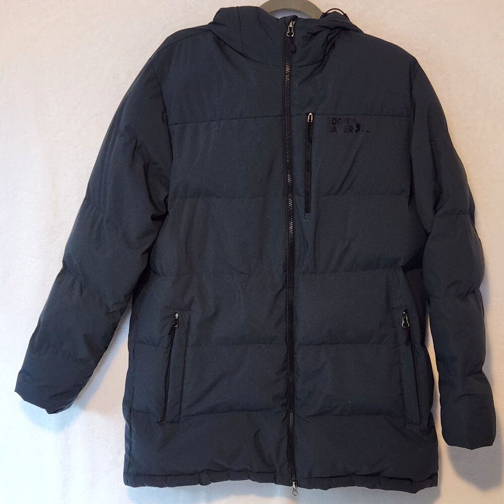Eddie Bauer Men's L Goose Down Blue Gray Hooded Essential Puffer Parka